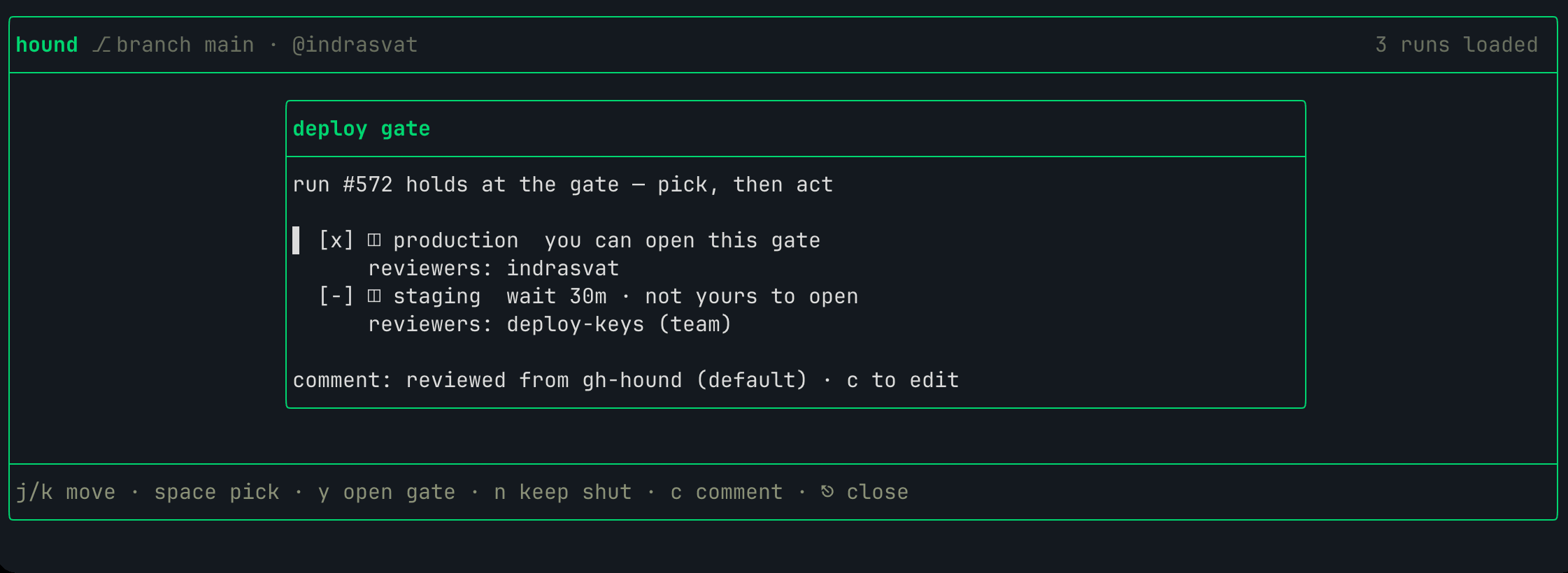 Deploy gate overlay: pickable pending environments with reviewers, a locked staging gate, and a review comment line