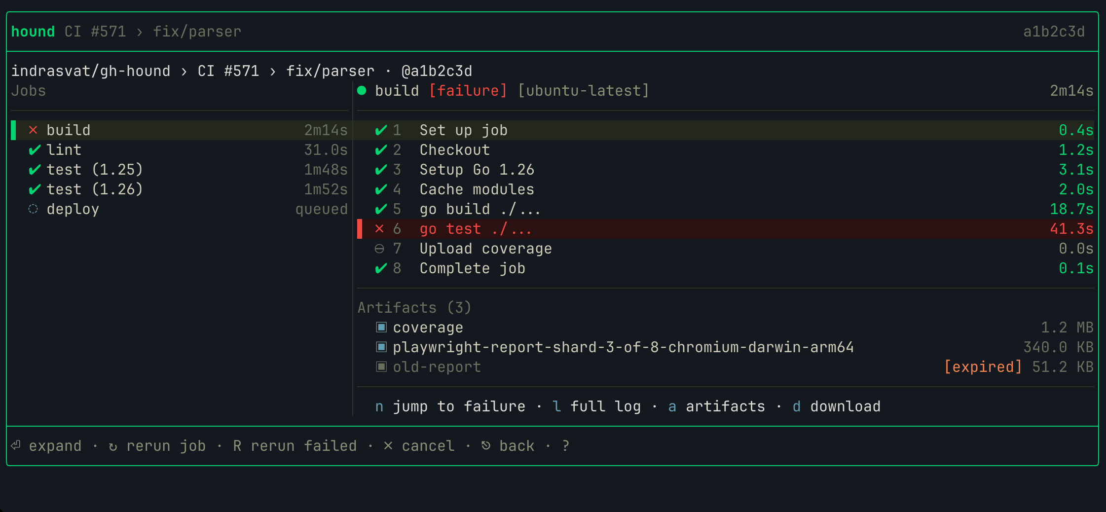 Run detail screen: master-detail view of jobs, step timeline with durations, and the run's artifacts