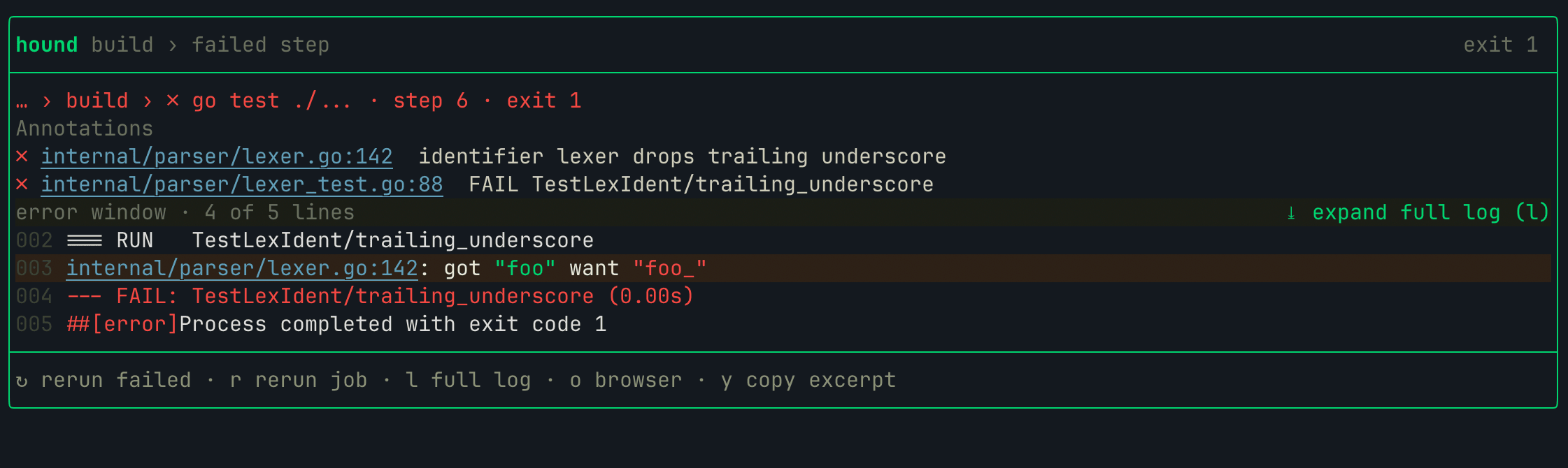 Failure screen: annotations, failing step, exit code and a de-noised log excerpt