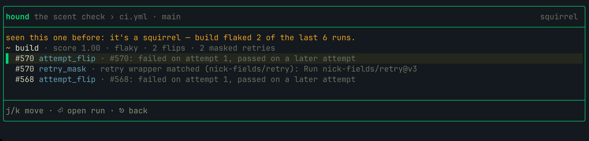 The scent check: a flaky job scored with attempt flips and retry masks, evidence rows linking to the runs