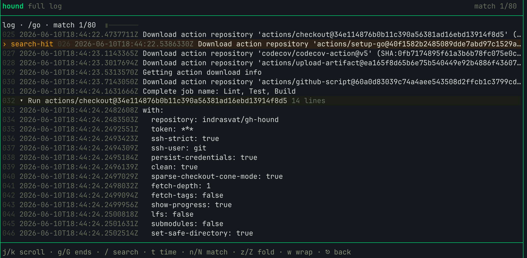 Full log viewer on live CI data: line numbers, folds, search with 80 matches highlighted