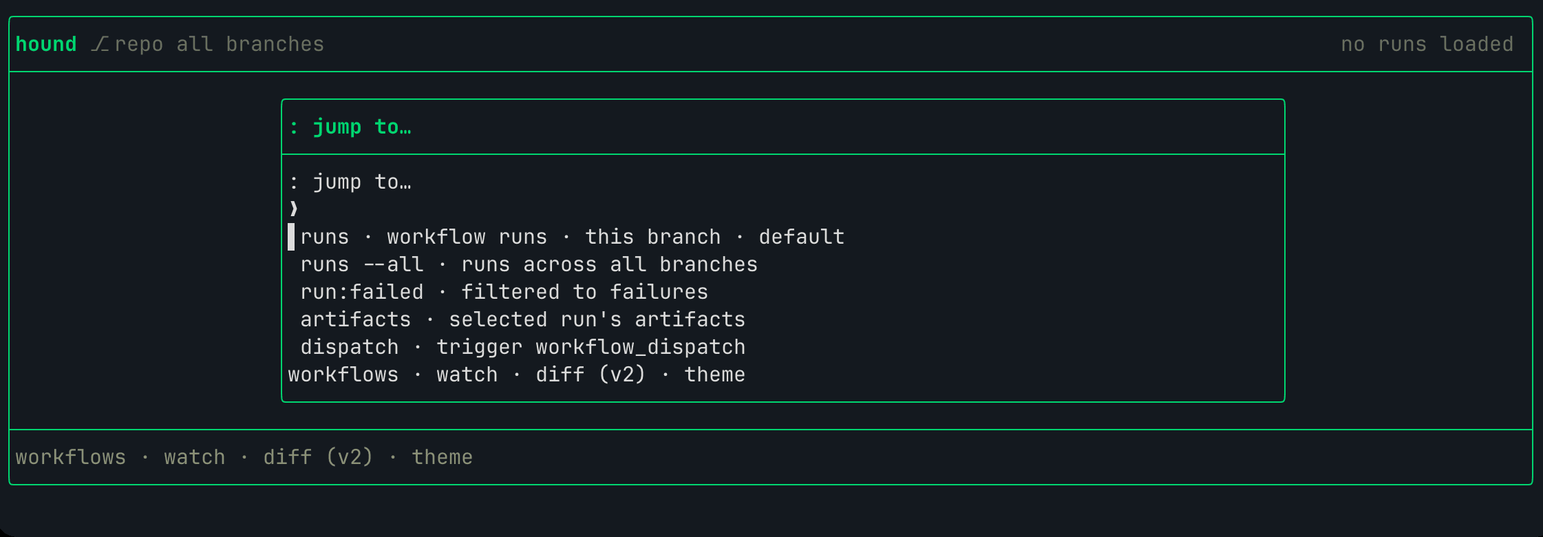 Command palette overlay listing jump targets like runs, failures, artifacts and dispatch
