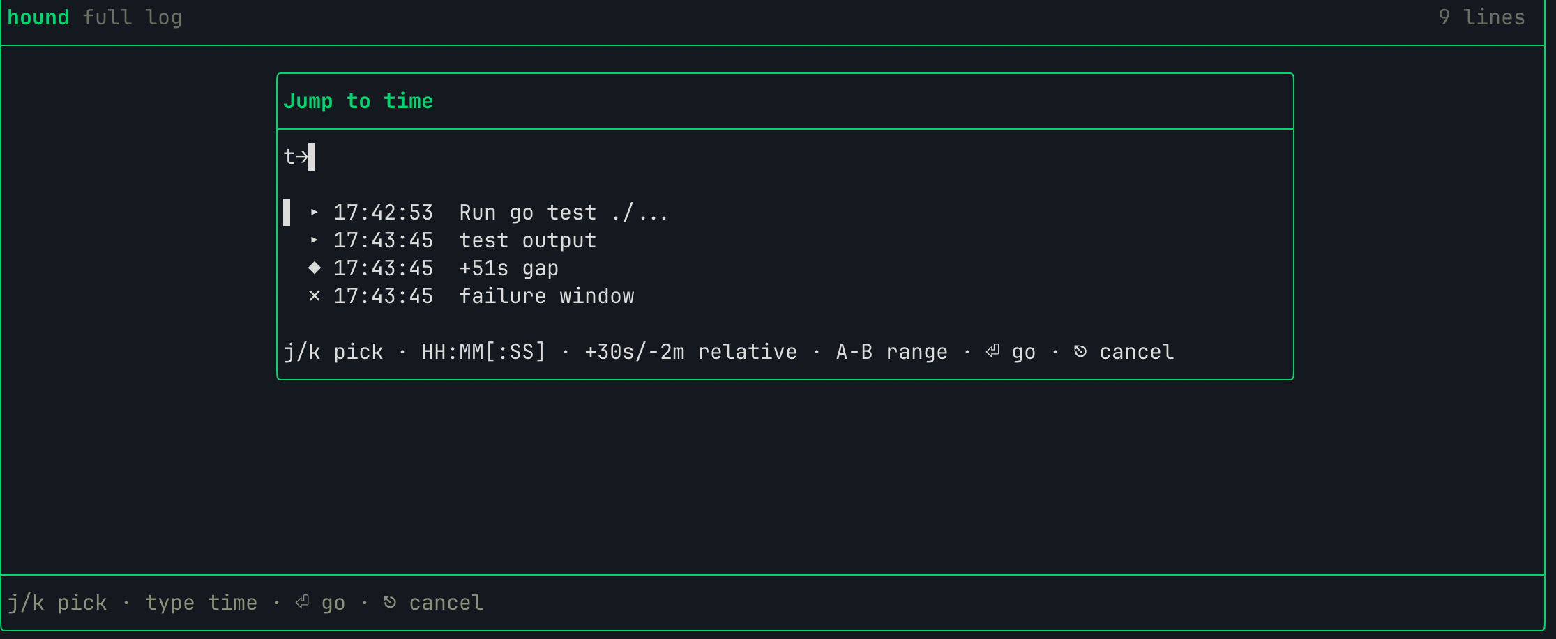 Time-navigation modal over the log: step picker with clocks, a +51s slowest-gap entry, the failure window, and typed time, relative, and range queries